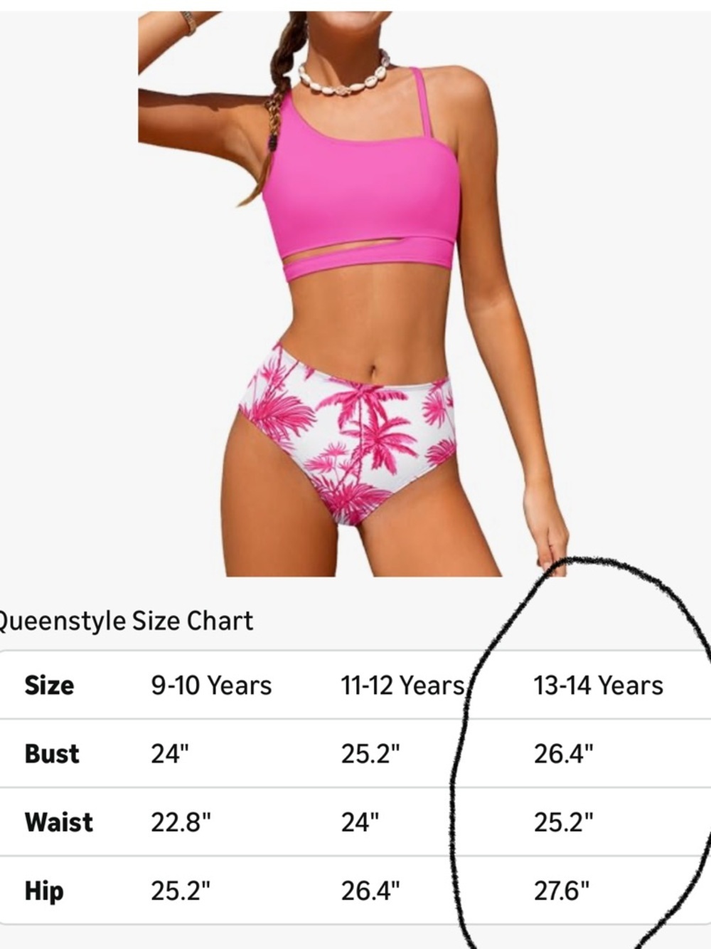 NEW- 13-14 Girls Pink One-Shoulder Cutout Bikini Top with Tropical Print Bottoms - Picture 3 of 8